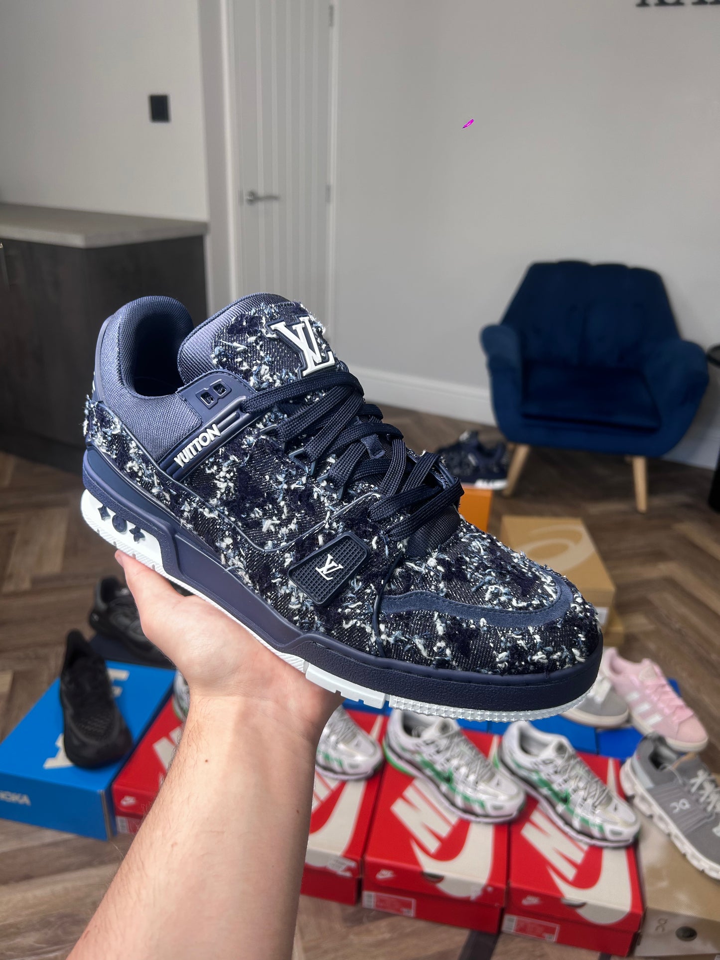 LV navy distressed denim runner